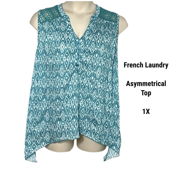 French Laundry Tunic Top Blouse Shirt 1X Ikat Aqua Blue White Henley Sleeveless - Picture 1 of 13